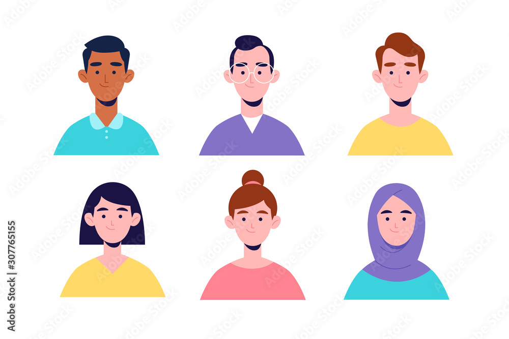 People avatar Set. Young People. People of different races. Flat cartoon colorful vector illustration. - obrazy, fototapety, plakaty 