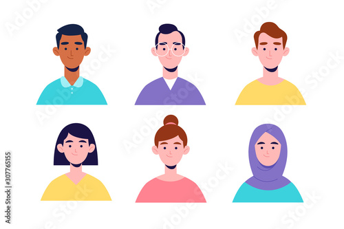 People avatar Set. Young People. People of different races. Flat cartoon colorful vector illustration.