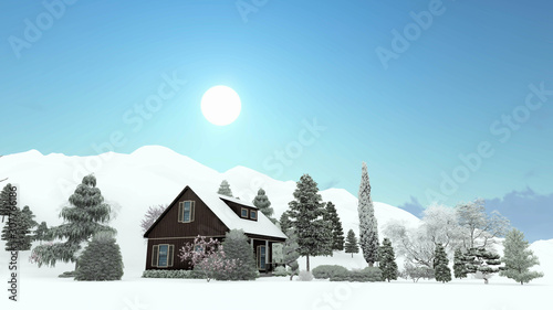 House in Winter With Trees 3D Rendering