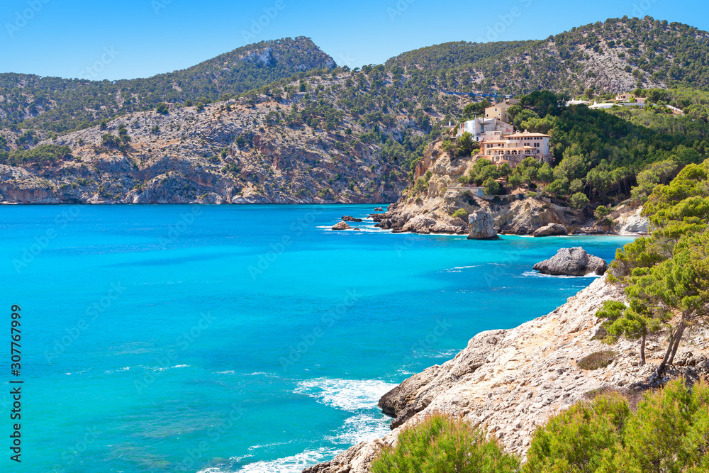 Majorca Mallorca Spain, balearic island scenery at the coastline of Calvia Mallorca. Turquoise mediterranean Sea paradise