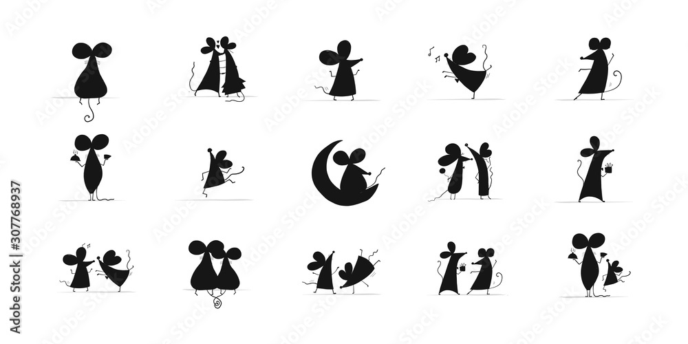 Funny mouses collection, black silhouette. Symbol of 2020 year