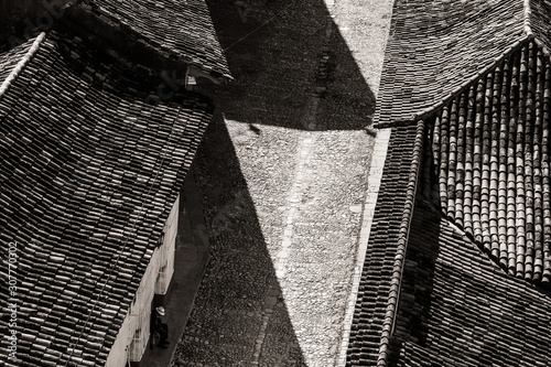 stone lined streets in Cuba, black and white