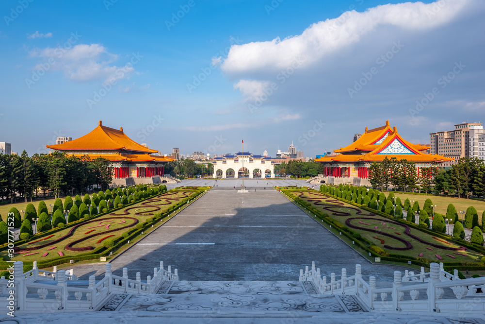 Sunrise at Front gate of Chiang Kai Shek Memorial hall in Taipei City, Taiwan