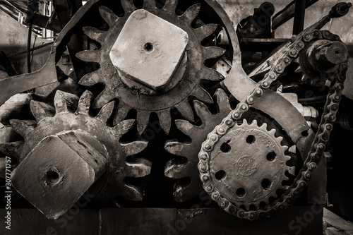 old iron cogs, black and white