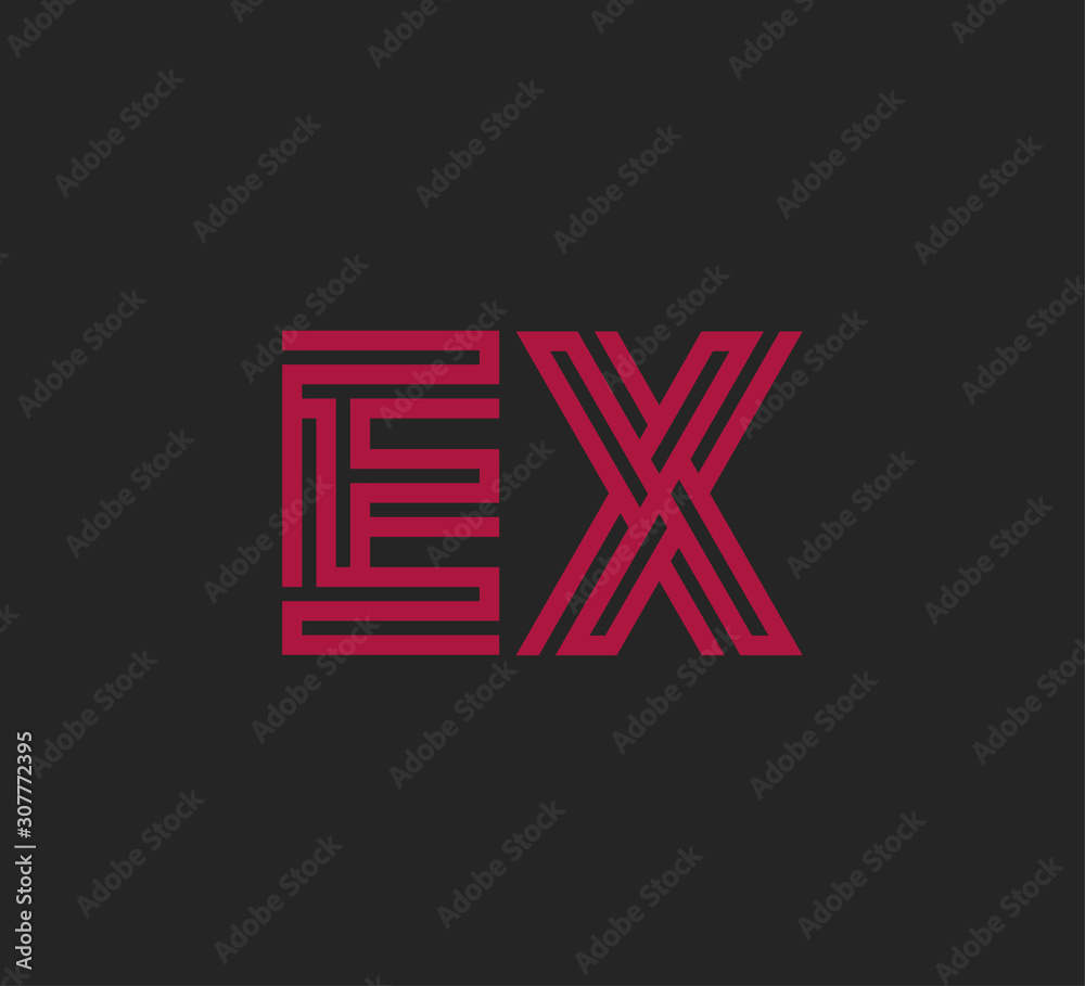 Initial two letter red line shape logo on black vector EX Initial two letter red line shape logo on black vector EX