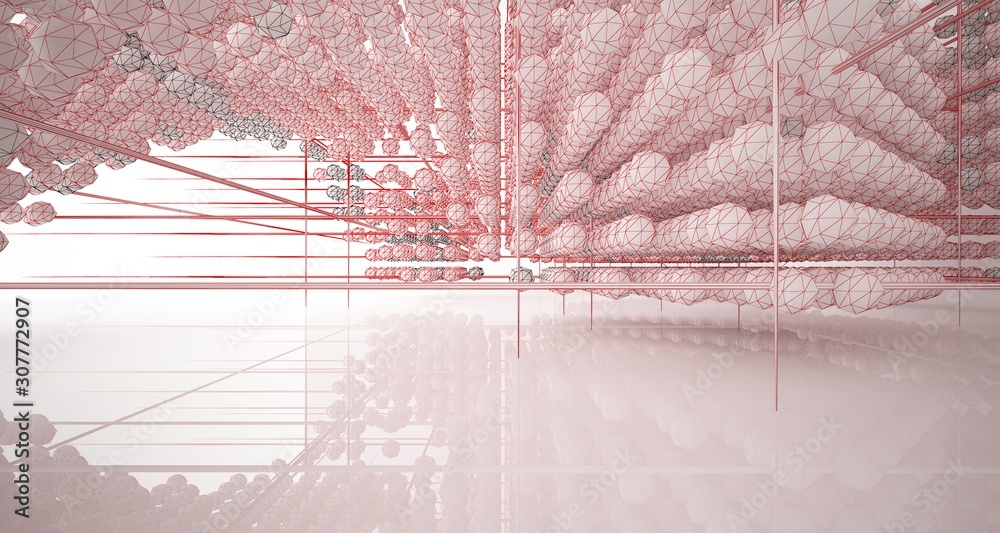 Obraz premium Drawing abstract architectural white interior from an array of spheres with large windows. 3D illustration and rendering.