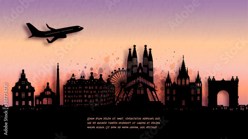 Watercolor of Barcelona, Spain  silhouette skyline and famous landmark. vector illustration.