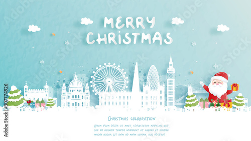 Christmas card with travel to London, England concept. Cute Santa and gift boxes. World famous landmark in paper cut style vector illustration.