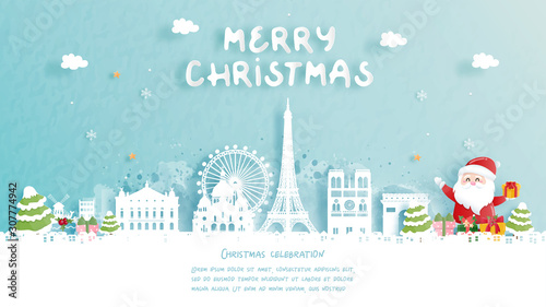 Christmas card with travel to Paris, France concept. Cute Santa and gift boxes. World famous landmark in paper cut style vector illustration.