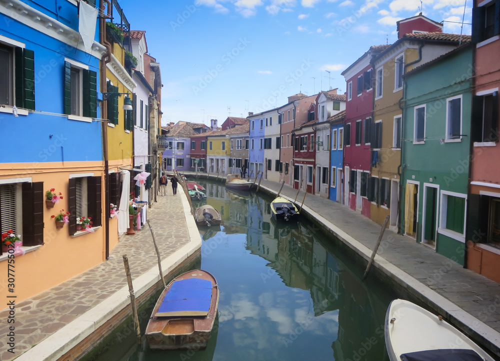 Colorful painted houses at Burano,  the famous island in Venice, Italy