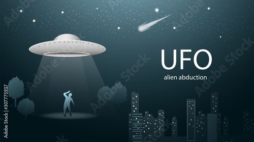 flying saucer UFO kidnaps man beam of light banner design in dark blue background illustration night city starry sky