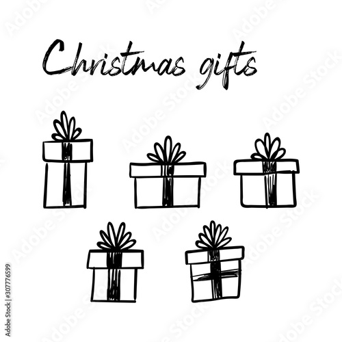 Gift doodles collection, hand drawn christmas presents. 