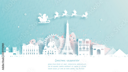 Christmas card with travel to Paris, France concept. Cute Santa and reindeer. World famous landmark in paper cut style vector illustration.