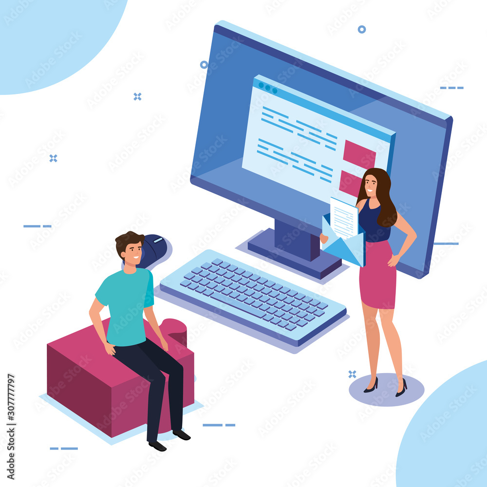 business couple with desktop computer vector illustration design business couple with desktop computer vector illustration design