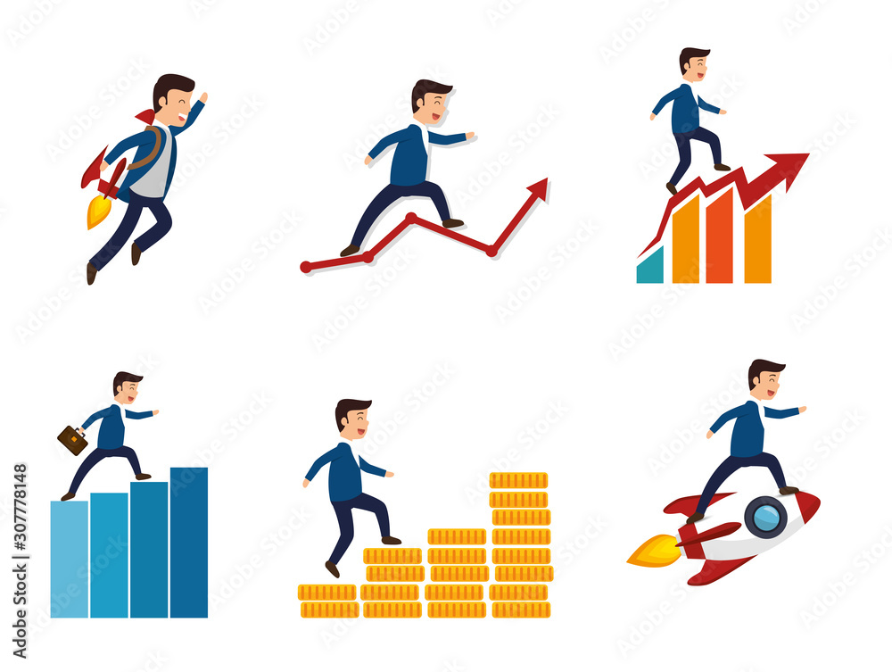 bundle of businessman with set icons of increase vector illustration design