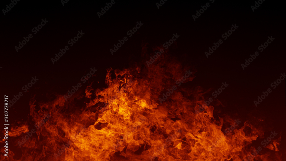 Texture of burn fire with particles embers. Flames on isolated black background. Texture for banner,flyer,card .