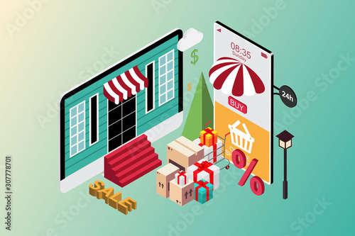 Online shopping on website and mobile application, promotional banner. Flat isometric style. vector illustration