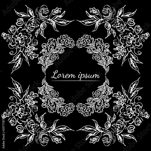 Tropical hand drawn floral frames. Outline set. Jungle foliage illustration. Floral set. Hand drawing. Vector isolated collection. Natural spring wedding card. Summer tropical leaf. Botanical frames