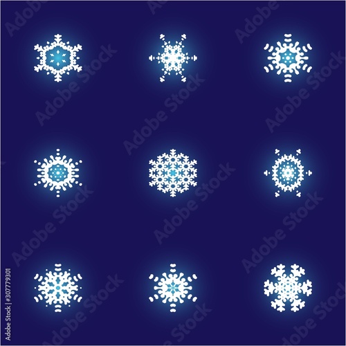 Kit of isolated silhouettes of snowflakes on blue background.