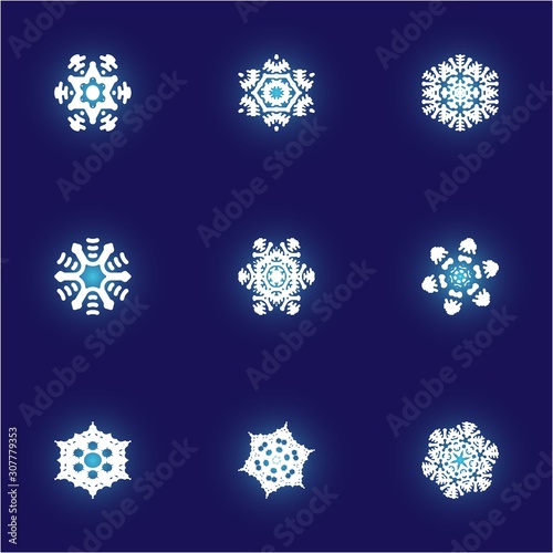 Kit of simple christmas snowflakes on blue background.