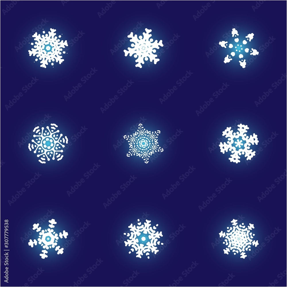 Kit of simple, beautiful snowflakes on blue background. Kit of simple, beautiful snowflakes on blue background.