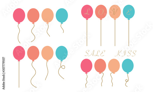 Bunch of balloons with love text in flat style vector isolated on white background.