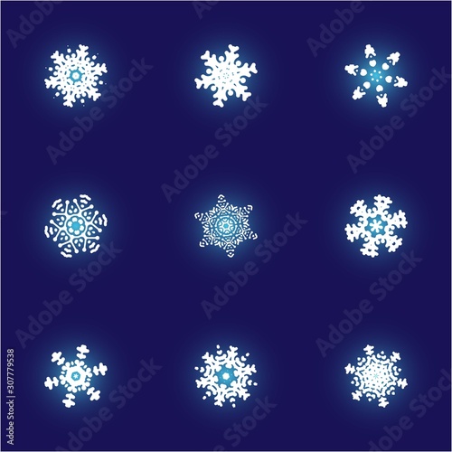 Kit of simple, beautiful snowflakes on blue background.