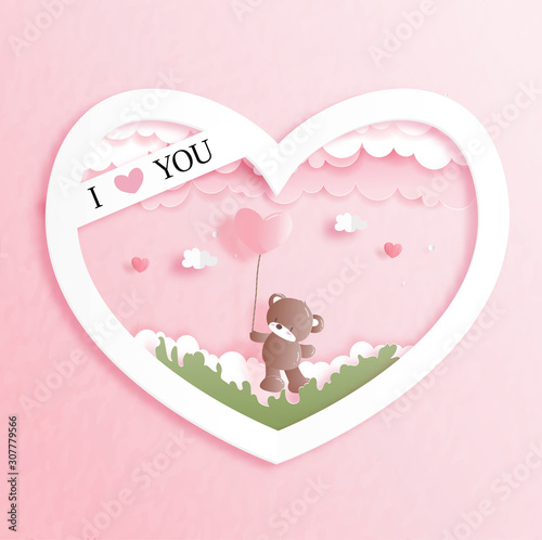 Valentines card with cute teddy bear in paper cut style vector illustration.