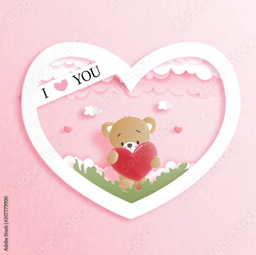 Valentines card with cute teddy bear in paper cut style vector illustration.