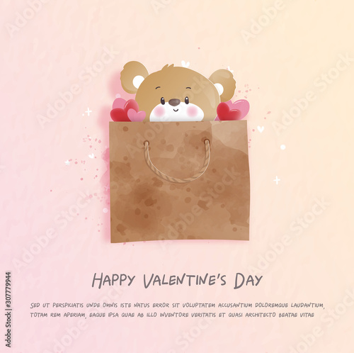 Valentines card with cute teddy bear in paper cut style vector illustration.