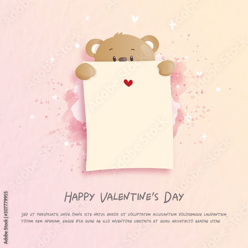 Valentines card with cute teddy bear in paper cut style vector illustration.