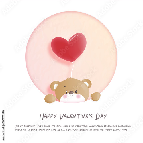 Valentines card with cute teddy bear in paper cut style vector illustration.