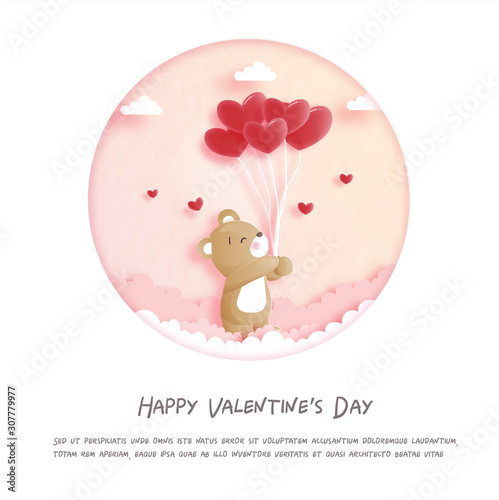 Valentines card with cute teddy bear in paper cut style vector illustration.