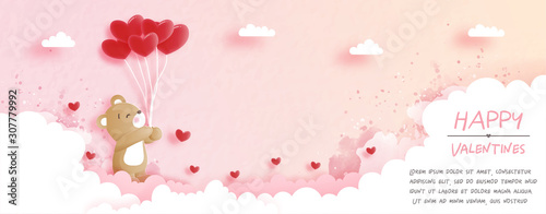 Valentines card with cute teddy bear in paper cut style vector illustration.