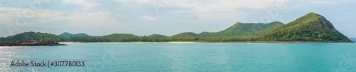 Panorama photo of Samaesarn island landscape clean sea water with blue sky and white clouds at Samaesarn island, Sattahip, Chonburi, Thailand.