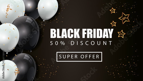 black friday poster and fifty discount with balloons helium decoration vector illustration design