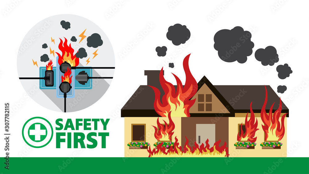 Power plug is full,Short circuit,House fire, Safety first,Vector design Power plug is full,Short circuit,House fire, Safety first,Vector design