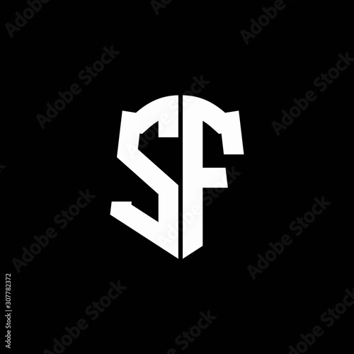 SF monogram letter logo ribbon with shield style isolated on black background
