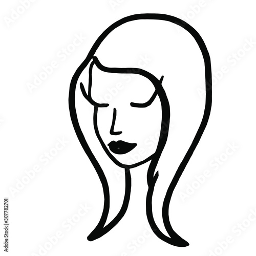 Hand drawn silhouette graphic portrait with beautiful young girl model. Template logo woman on a white background. Face illustration.