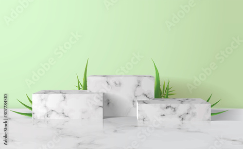 White marble Square, rectangle podium in green background. decor by palm leaves, aloe vera scene stage mockup showcase for product, sale, banner, presentation, cosmetic, offer. 3d illustration vector.