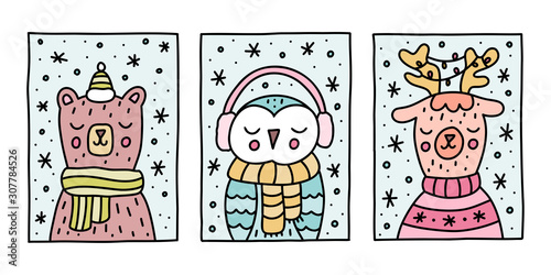 Christmas and New Year doodle holiday characters. Cute animals: deer, bear and owl in winter clothes. Vector illustration. 