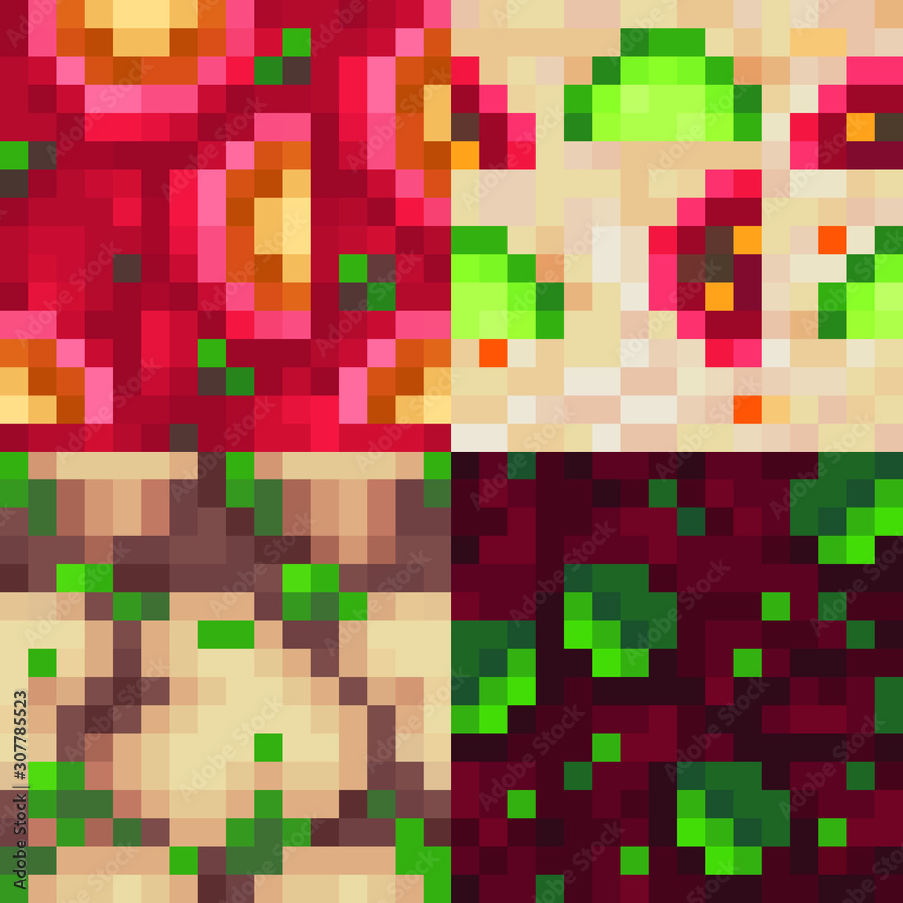 Salad seamless pattern set for pixel art style game, fabric textures. Isolated vector illustration. 1-bit. Design for stickers, logo, web, mobile app. Salad seamless pattern set for pixel art style game, fabric textures. Isolated vector illustration. 1-bit. Design for stickers, logo, web, mobile app.
