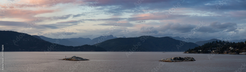 Panoramic View of Horseshoe Bay in West Vancouver, British Columbia, Canada, during a cloudy sunset.
