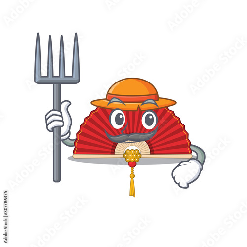 Farmer chinese folding fan cartoon character with hat and tools