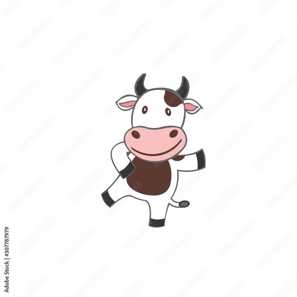 Vector illustration of funny smiling cow, Concept for milk package and advertising of milk or baby food, Vector illustration of funny smiling cow, Concept for milk package and advertising of milk or baby food,