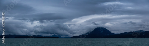 Beautiful Panoramic Landscape View during a dramatic and cloudy sunset. Taken in Howe Sound near Vancouver, BC, Canada.