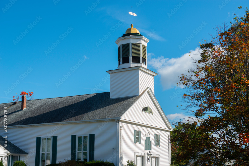 First Church of Merrimack on 7 Baboosic Lake Rd in fall in Merrimack, New Hampshire, USA.