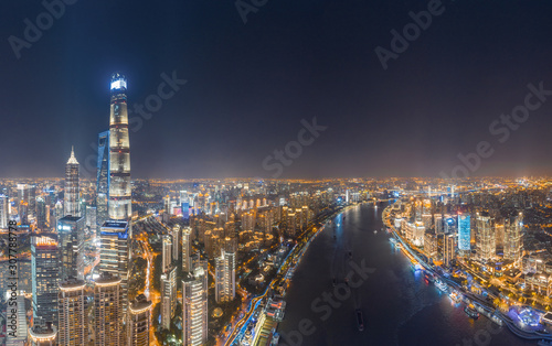 The night view of the city on the huangpu river bank in the center of Shanghai  China