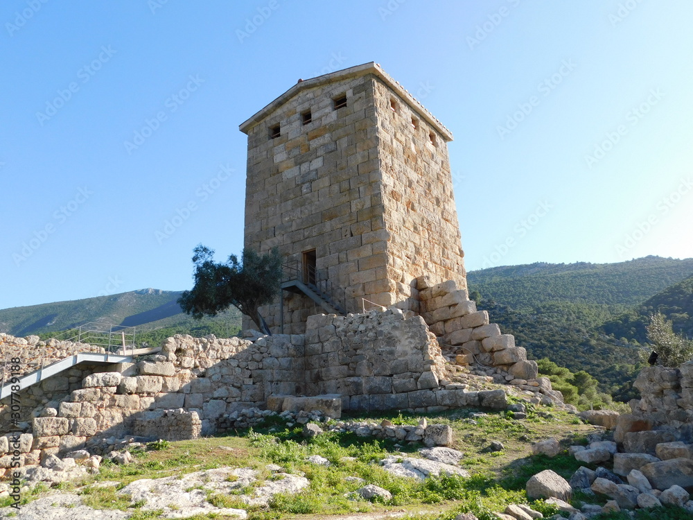 A fully restored tower of the ancient, 4th century BC, fortress of Aigosthena, in Attica, Greece