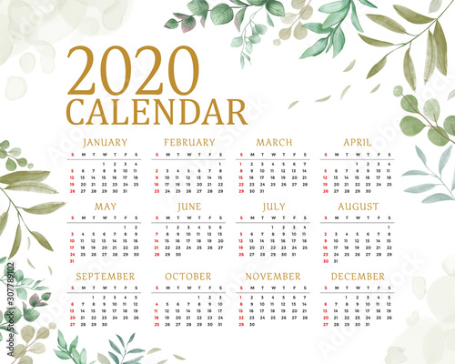 2020 calendar with floral leaves background
